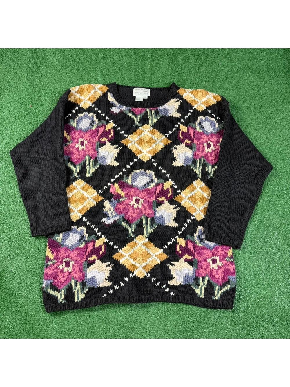 Jennifer Reed Hand Knit Floral Sweater Women's M Vintage 90s Ramie Cotton Black